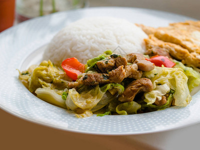 中式烹饪泰式和中式炒Wombok或大白菜蚝油猪肉背景