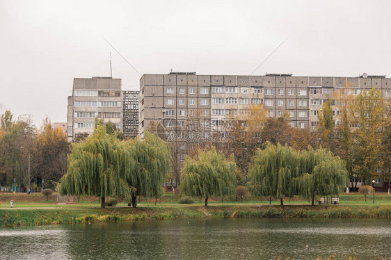 湖边草地海岸居住楼在遥远的阴云多的天图片