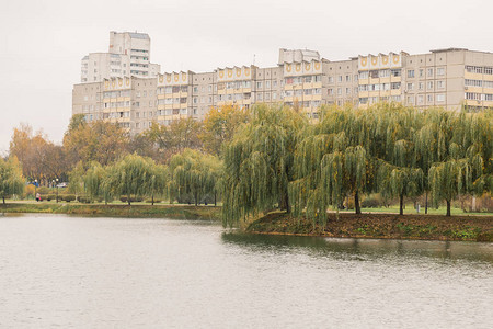 湖边草地海岸居住楼在遥远的阴云多的天图片