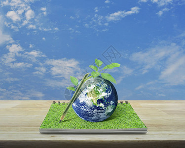 木铅笔树干和叶子与行星地球在蓝天白云的桌子上打开的书图片