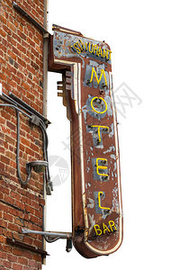 孤立的GrungyRetro金属汽车旅馆餐厅和酒吧标志以及砖图片