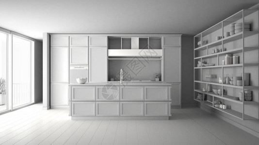 现代开放空间经典厨房的白色总项目图片