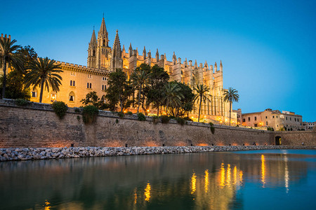 城墙夜景圣玛利亚大教堂在西班牙马洛卡背景