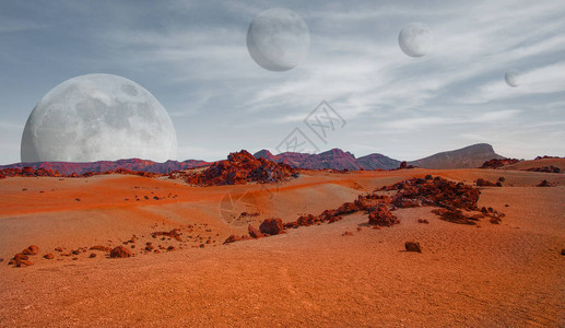 具有干旱景观岩石丘陵和山脉的红色星球背景图片