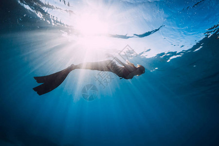 女自由潜水者有鳍游泳和太阳光照图片