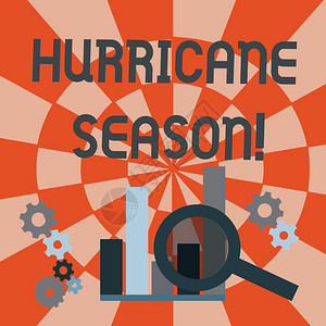 显示飓风季节的文字符号预计大多数热带气旋会在齿轮旁边开发放大镜柱形图以进行分析的商业图片