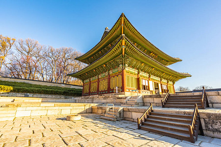 高清背景图片南韩首尔市长德冈宫殿地标的漂亮建高清背景图片韩国传统