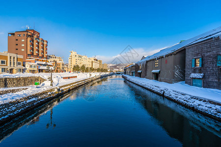 日本北海道冬季和雪季的大田运河风景美图片