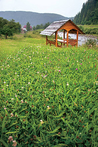 背景是绿草三叶草花木制凉亭河流山脉和村庄图片