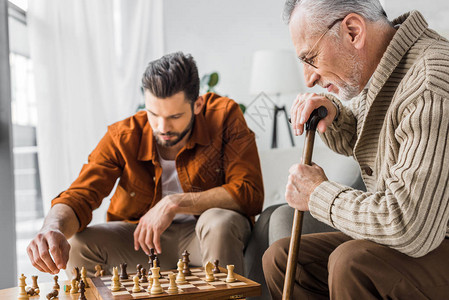 与儿子一起玩象棋的老父亲有图片