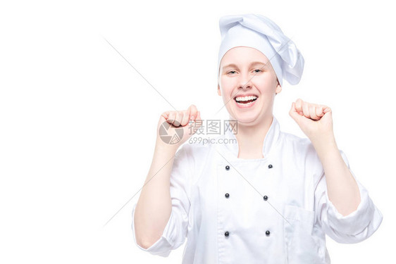 穿着服装的喜乐厨师在胜利中欢欣快乐图片