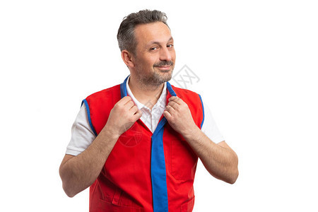 男超市或大卖场员工固定红色和蓝色背心衣领图片