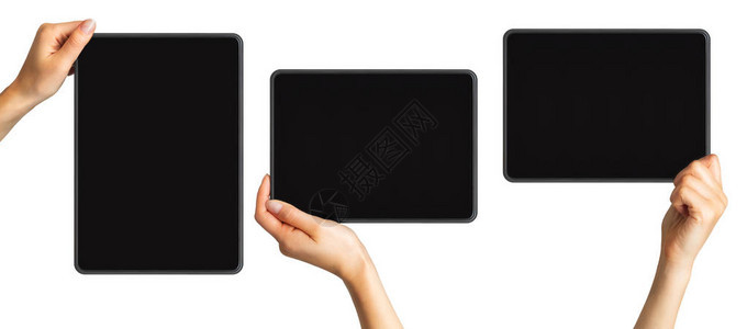 一组女手中的黑色平板电脑模型图片