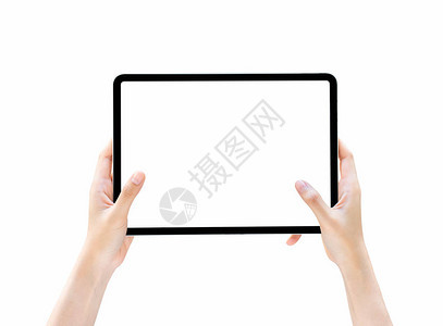 孤立地手持平板电脑空白屏幕使用您的屏图片
