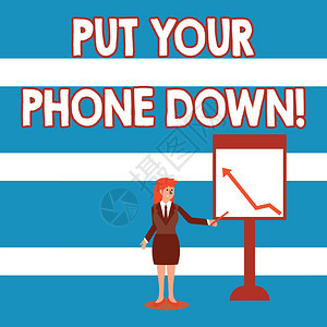 显示放下你的手机的文字符号商务照片文本结束电话连接说再见来电者女商人手持棍子指向白板背景图片