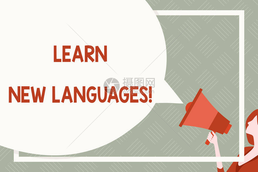 显示学习新语言的文字符号商务照片文本发展外语交流能力巨大空白语音气泡圆形苗条的女人拿着五颜图片
