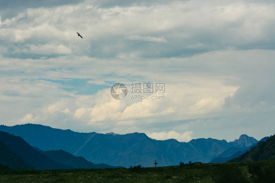 空中飞翔的鸟儿在旋涡云的背景之下蓝山的风景图片