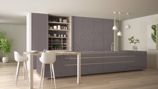 公寓岛屿桌子凳子和开放式橱柜的白色和紫色简约厨房图片