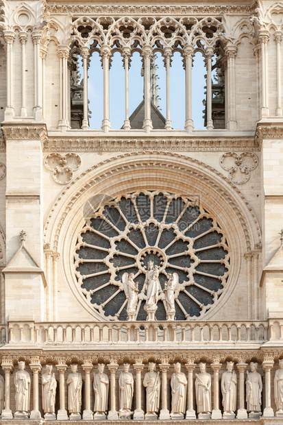 法国巴黎圣母院大教堂正面的特写带有玫瑰图片