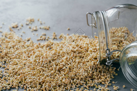 素食概念荞麦芽适合节食或素食者碎粒从玻璃罐中溢出生食生态食品图片