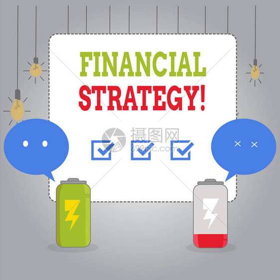 显示财务战略的书写笔记计划为其整体运营融资以实现目标的商业概念使用表情符号语音气泡对电池进行充图片