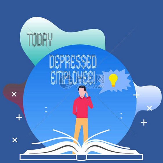 概念手写显示沮丧的员工概念意味着工人处于普遍不快乐或沮丧的状态下站在打开的书锯齿状语音气泡后面的人图片