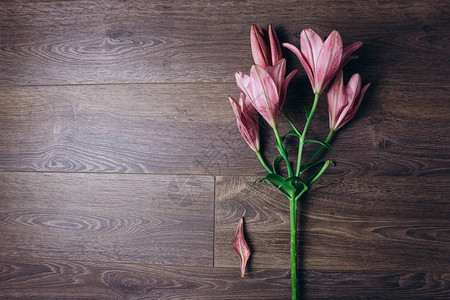 一束粉红色的百合花在质朴的木制桌子上的光线下图片