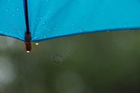 春天的雨滴落在一把蓝色的雨伞上图片