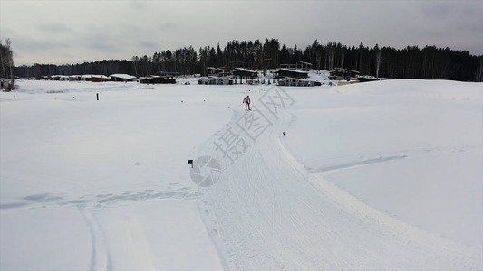 空中供男子滑雪者在冬季森林滑冰图片