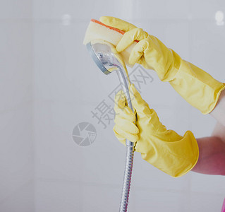 清洗淋浴喷头的橡胶手套的妇女佣清洗淋浴的金属头家庭主妇在图片