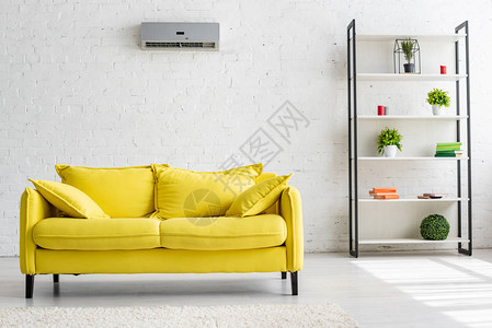 宽敞的白色墙黄色沙发和图片