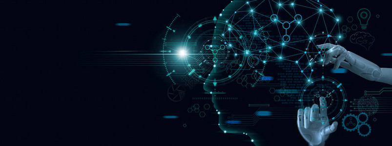 机器学习接触二进制数据的之手未来派人工智能AI深度学习大脑代表算法和创新神经网络图片