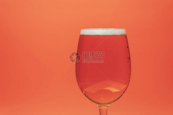珊瑚橙背景上的玻璃啤酒图片