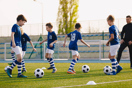 年轻男孩在体育俱乐部进行足球训练孩子们在天然草坪场上提高足球技能职业学校足球俱乐部少儿青年图片