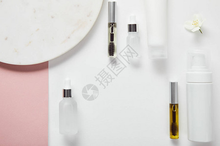 面纱和玻璃瓶奶油管板旁边的化妆品撒布器白图片