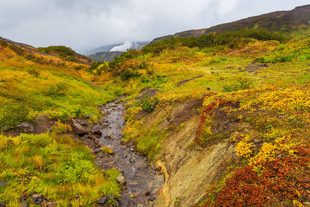 堪察加半岛耶利泽沃区云层覆盖的东山景观溪流在山坡上流动在秋天的颜色图片