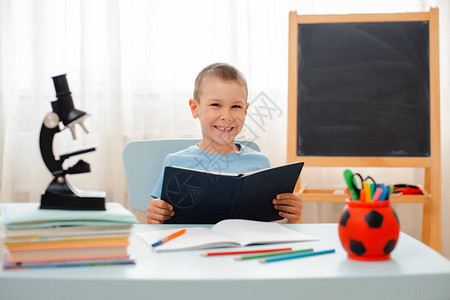 小学生男孩坐在家里上课准备作业背景图片
