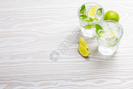 夏季饮料加冰块石灰片白色木质朴背景的玻璃杯中的新鲜薄荷文字空间图片