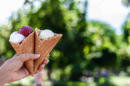 背景灯火女人的手握着两个华夫饼锥子白色和红色冰淇淋球在模糊的绿公园背景背景