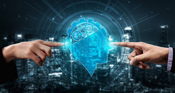 AI学习和人工智能概念显示数字机器人设备的计算机器思维和人工智能的图片