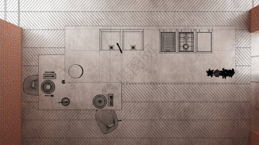 家居装修房屋开发概念背景在建室内设计定制设计项目黑色墨水草图显示简约厨房的图片