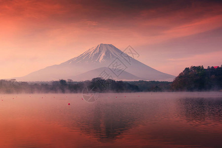 黎明时分在Shoji湖上倒映着富士山或富士山的美丽风景图片