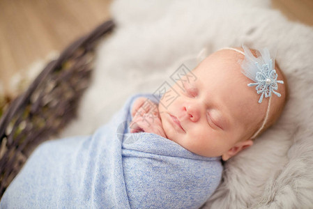 穿着蓝色毯子的完美新生女婴图片