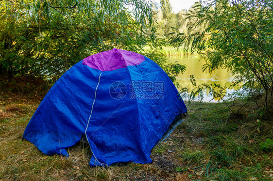 河流附近森林中的蓝色露营帐篷图片