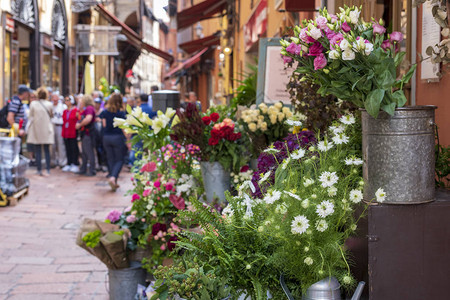 意大利博洛尼亚市街头展览花店的图片