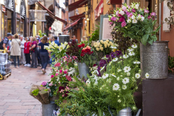 意大利博洛尼亚市街头展览花店的图片