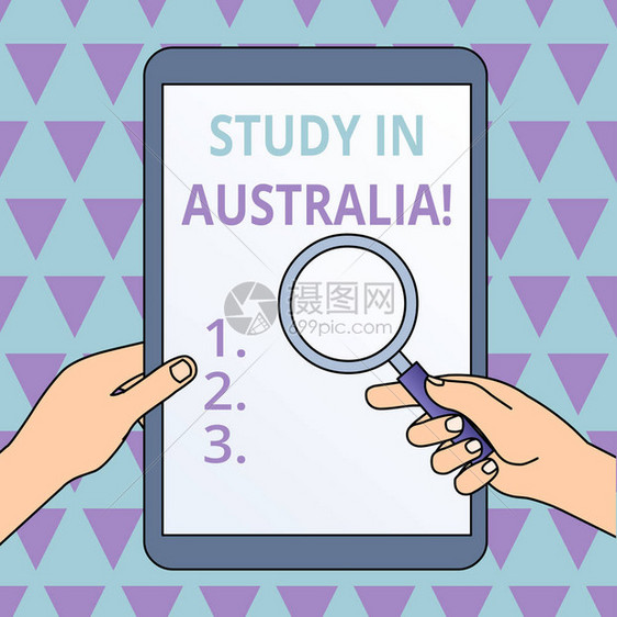 概念手写显示在澳大利亚学习概念意味着进入外国订单完成你的学习手拿着放大镜反对图片