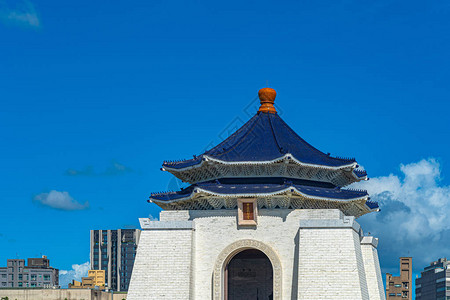 中国风笔墨纸砚蓝天背景下的民主纪念馆主楼特写背景