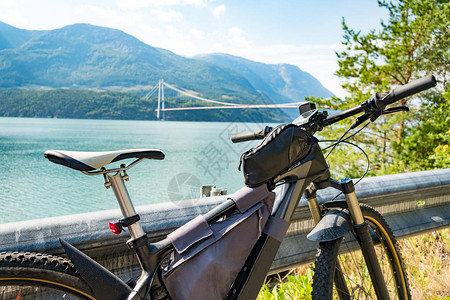 挪威骑自行车戴头盔和运动服的人旅游者在挪威西南部的Hardanger桥悬架桥上横跨HardangerFjord校对图片