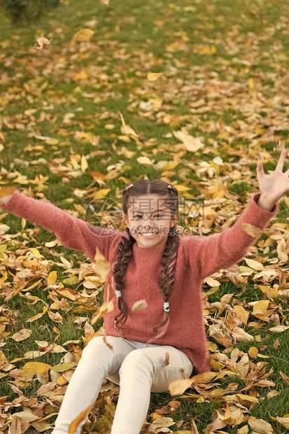 秋叶与自然有秋叶的小孩秋天森林里快乐的小女孩快乐的童年上学时间很高兴在身边不急热爱大自然图片